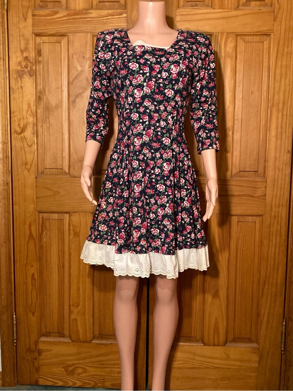 NWOT Dress Vintage 80s Midi Ruffle Hem 3/4 Sleeve Blue Pink M Medium
